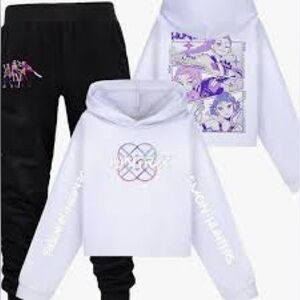Brand New Size 130 (7/8) Purple Huntrix K-pop Graphic Hoodie with Black Joggers